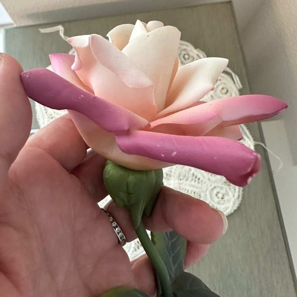 Vintage Ceramic  Pink White Single Rose Flower
Branch - Picture 4 of 5